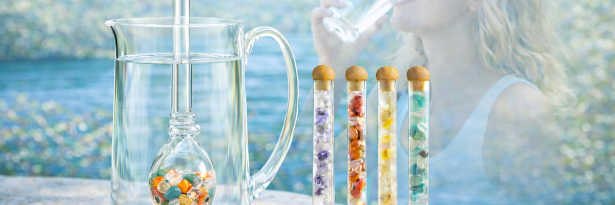 water loves gemstones Gemstone vial in glass carafe and gemstone rods for energizing drinking water