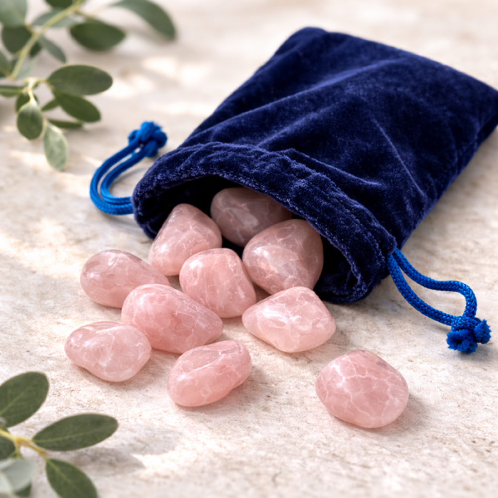 Rosenquarz Trommelsteine Wassersteine im Samtbeutel