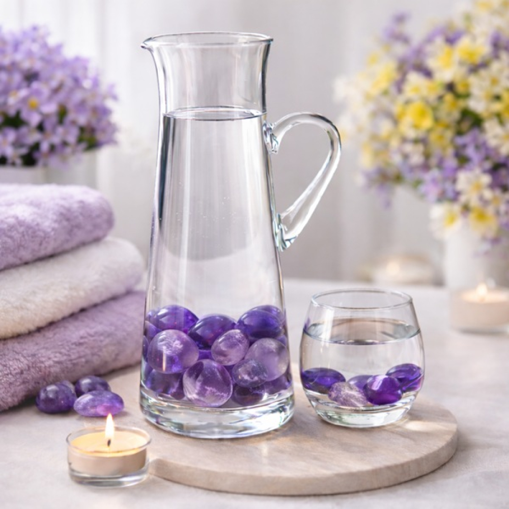 Amethyst Trommelsteine für Edelsteinwasser in Glaskaraffe Wellness Ambiente