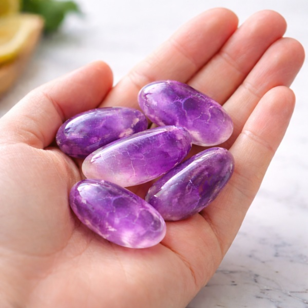 Preview: Amethyst Trommelsteine Größenvergleich in der Hand ca. 3 cm