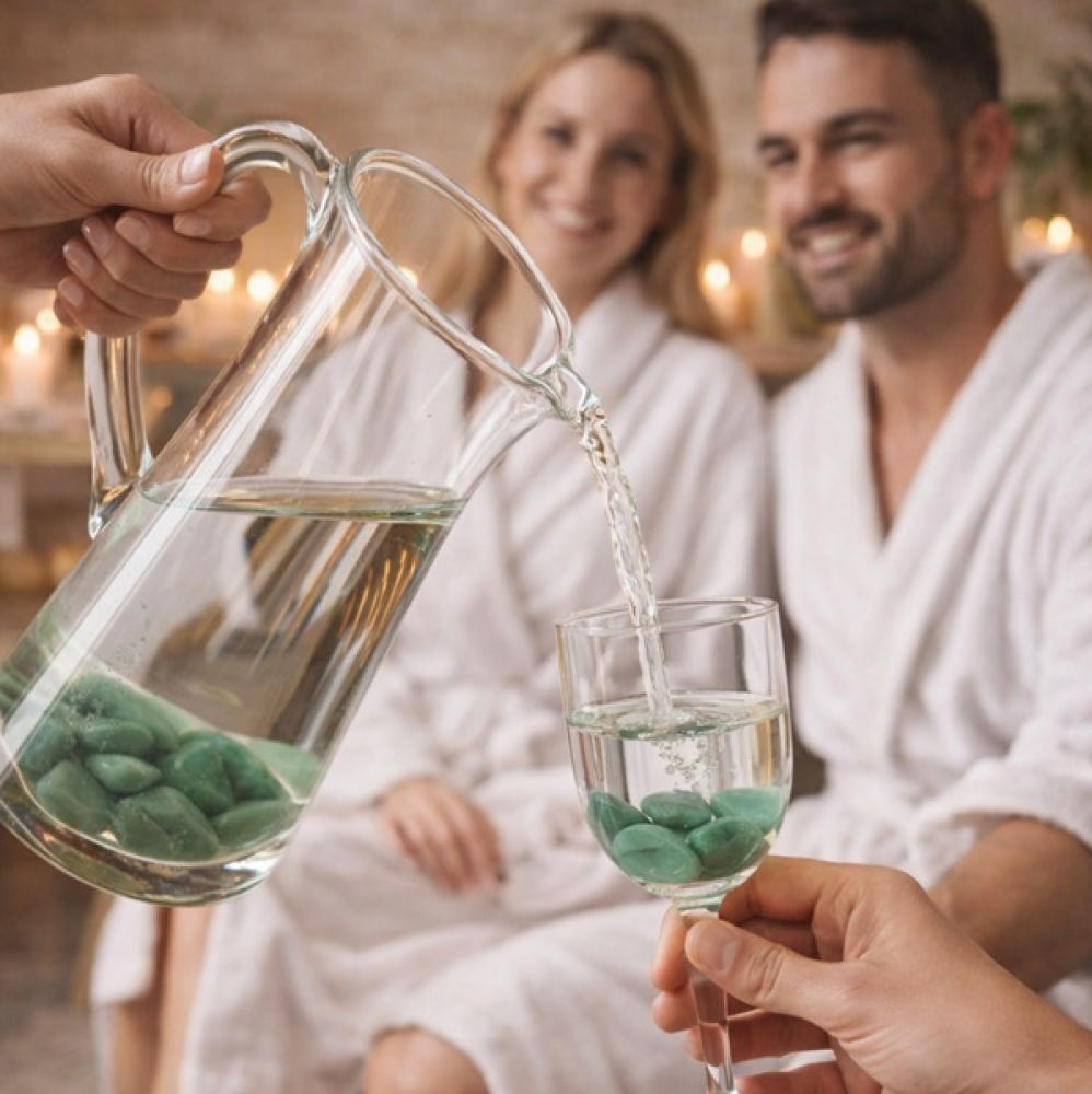Aventurin Edelsteine in Karaffe und Glas mit Wasser in Wellness Umgebung mit Mann und Frau
