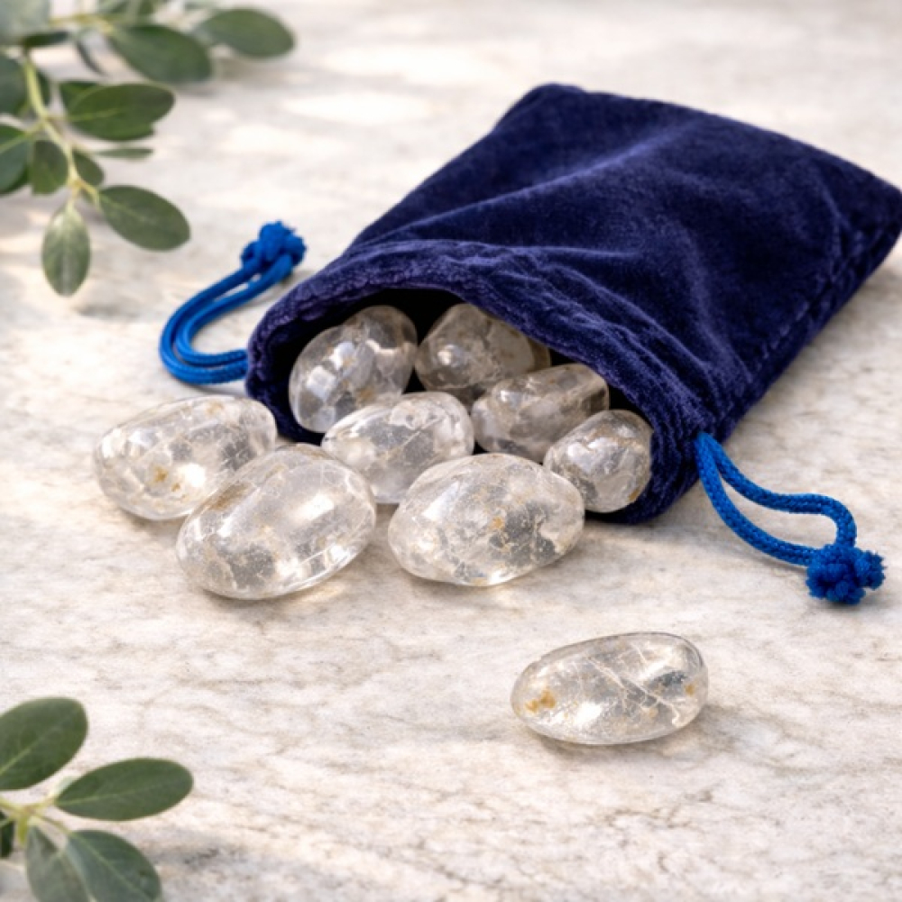 Bergkristall Trommelsteine mit Samtbeutel Verpackung
