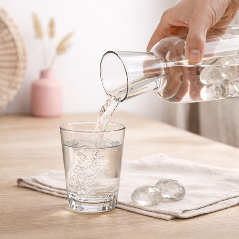 Edelsteinwasser mit Bergkristall aus Karaffe ins Glas eingegossen