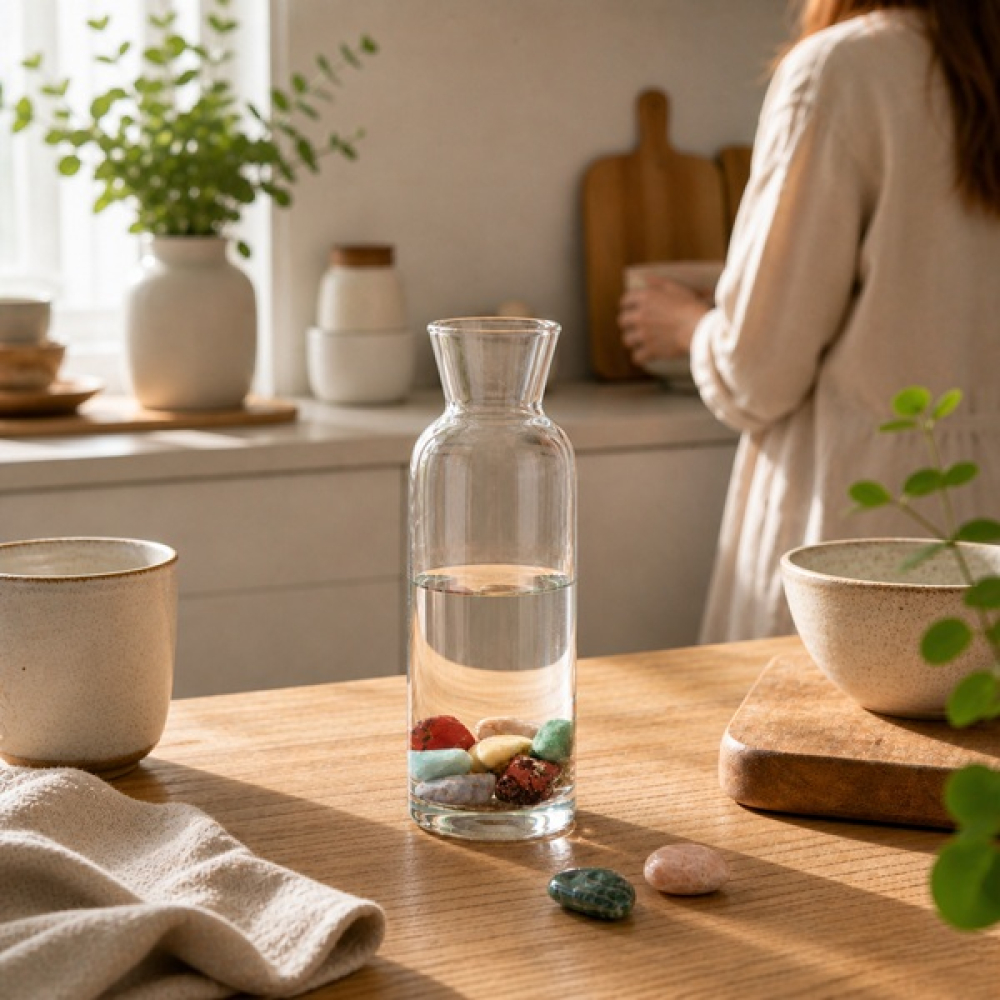 Glaskaraffe mit Wasser und bunten Trommelsteinen auf Holztisch in heller Küche