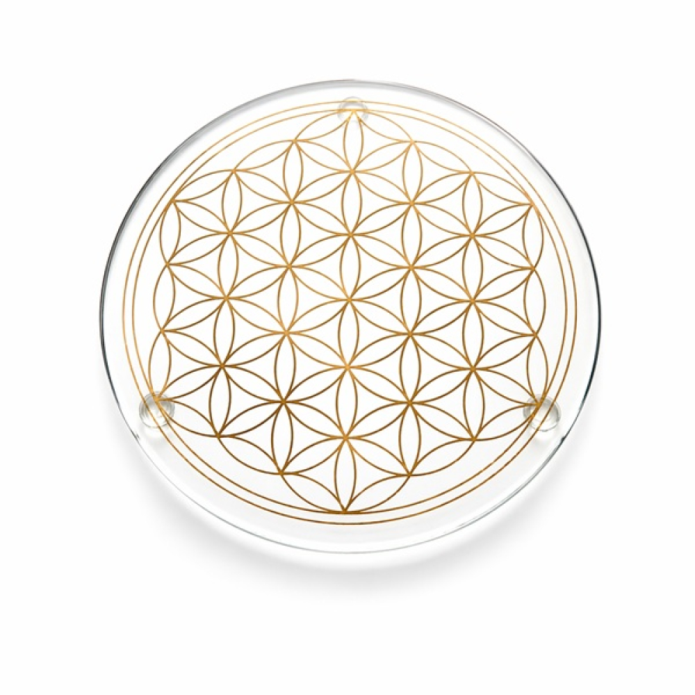 Hochwertiger Kristallglasuntersetzer mit goldener Blume des Lebens Gravur auf weißem Hintergrund