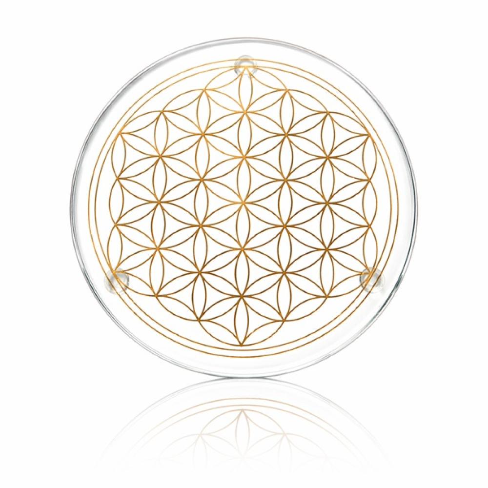 Preview: Kristallglasuntersetzer mit goldener Blume des Lebens Gravur und subtiler Spiegelung auf weißem Hintergrund