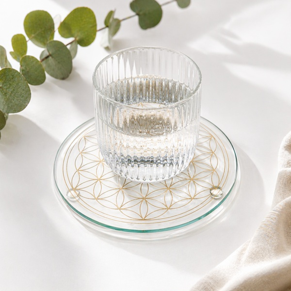 Kristallglasuntersetzer mit goldener Blume des Lebens Gravur mit Glas in Anwendung
