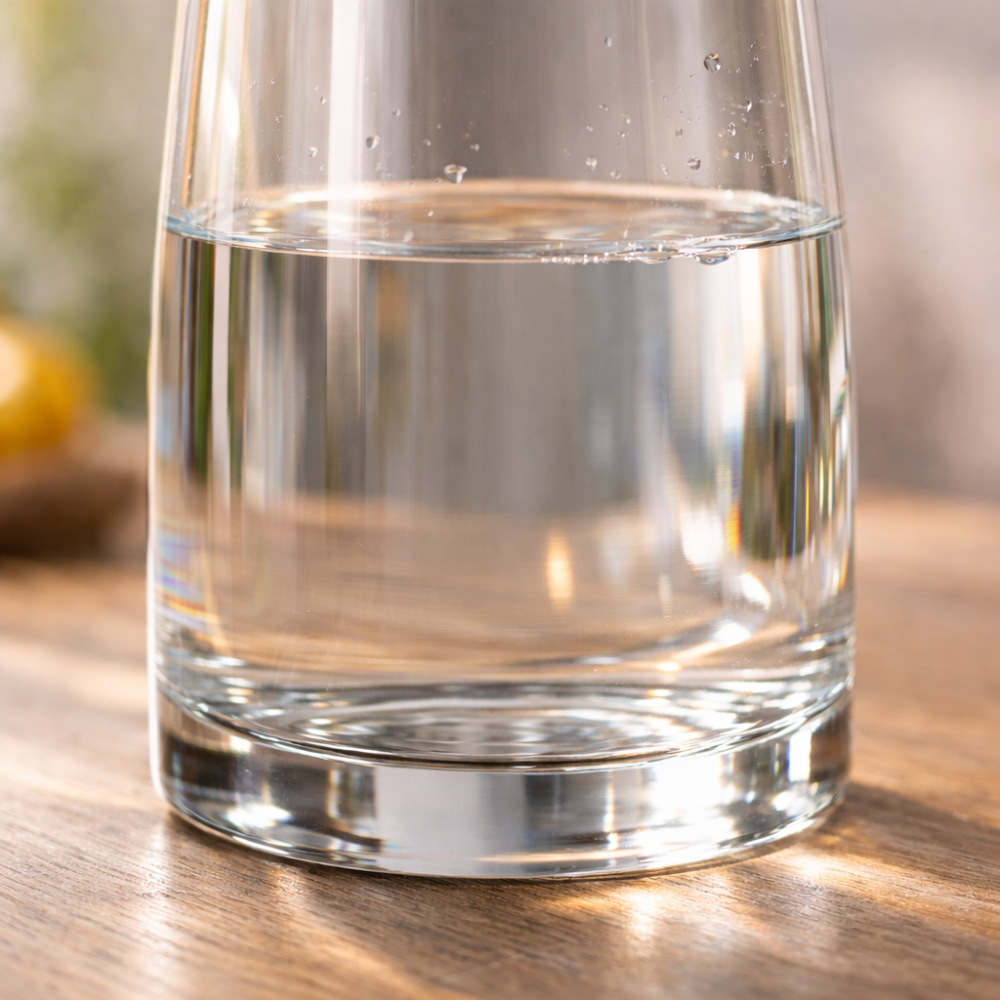 Preview: Detailaufnahme des massiven Glasbodens der CROWN Glaskaraffe mit klarem Wasser