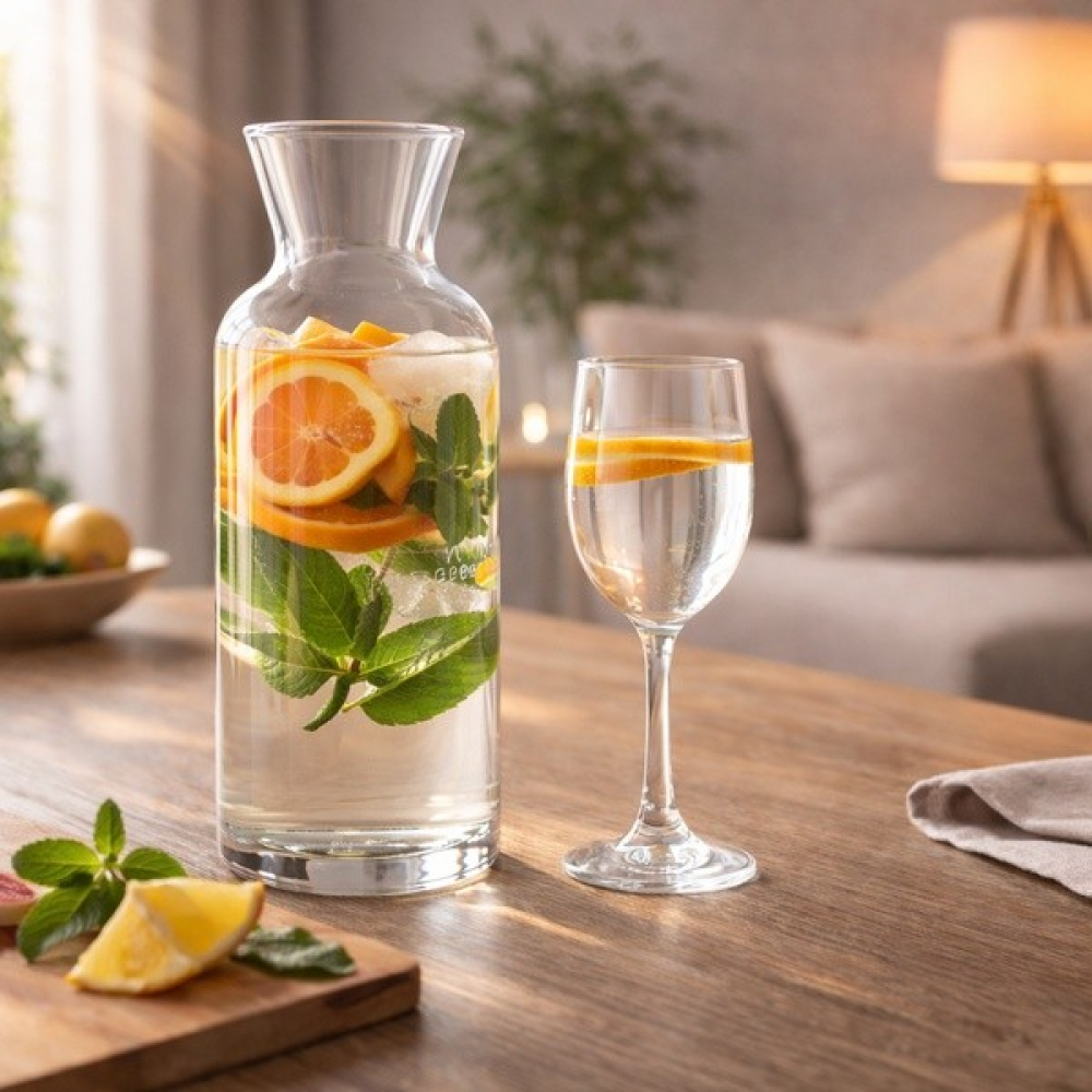 Preview: CROWN Glaskaraffe für Wasser mit Minze und Orangenscheiben im Wohnambiente