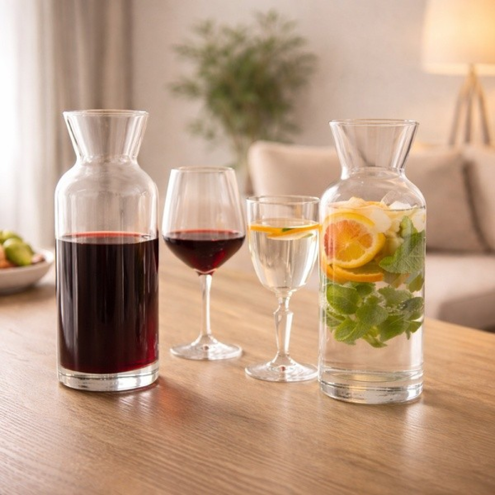 CROWN Glaskaraffe für Wasser und Wein mit passenden Gläsern im Wohnambiente