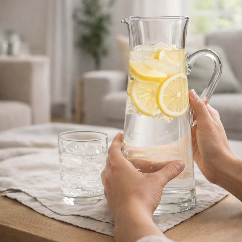 ROYAL Glaskaraffe mit Zitronenwasser in Händen stilvolles Trinkritual Wohnambiente