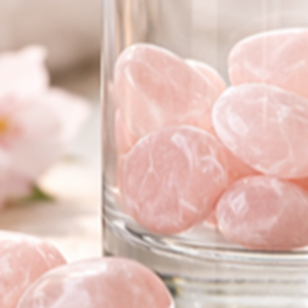 Rosenquarz Trommelsteine im Wasser – Detail in Glaskaraffe Crown für Edelsteinwasser