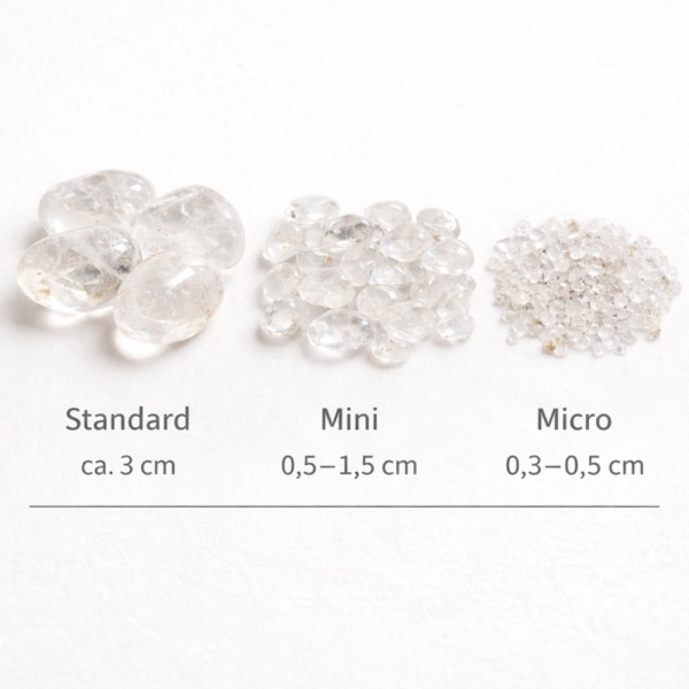 Größenvergleich Bergkristall Trommelsteine Standard Mini und Micro