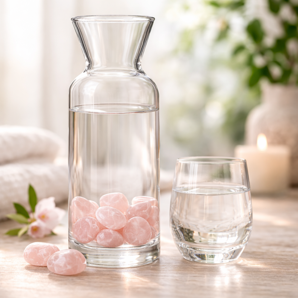 Rosenquarz Trommelsteine für Edelsteinwasser in CROWN Glaskaraffe mit Glas Wasser