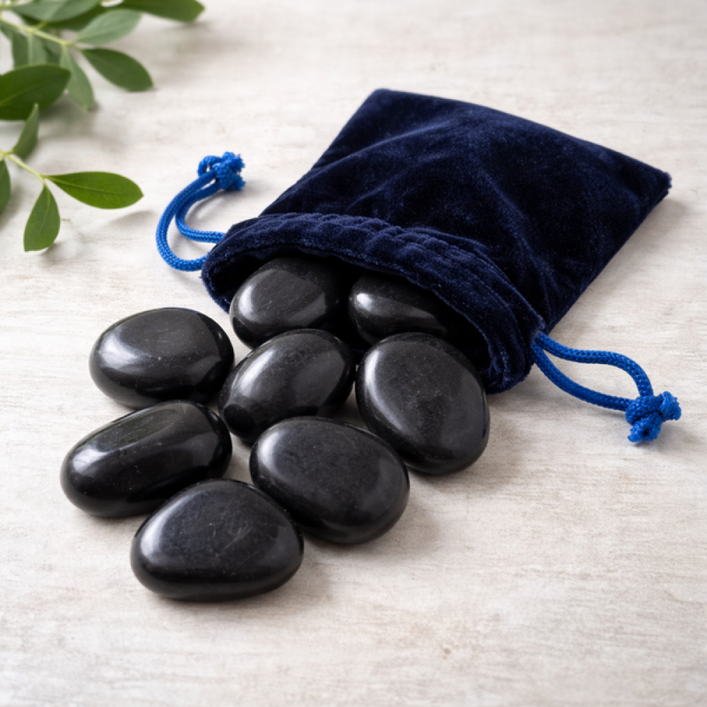 Schungit Trommelsteine im Samtbeutel