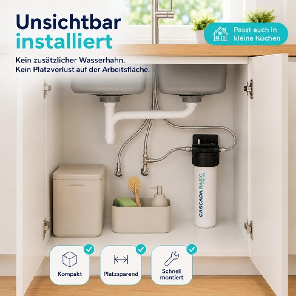 Lieferumfang 1x Komplettset CASCADA BASIC zur Trinkwasserfiltration, bestehend aus:  Robustes Filtergehäuse zur Installation unter der Spüle  ULTRAFINE Hochleistungs-Filterkartusche  Lebensmittelechte Flexschläuche inklusive T-Stück  Wandhalterung und Ans