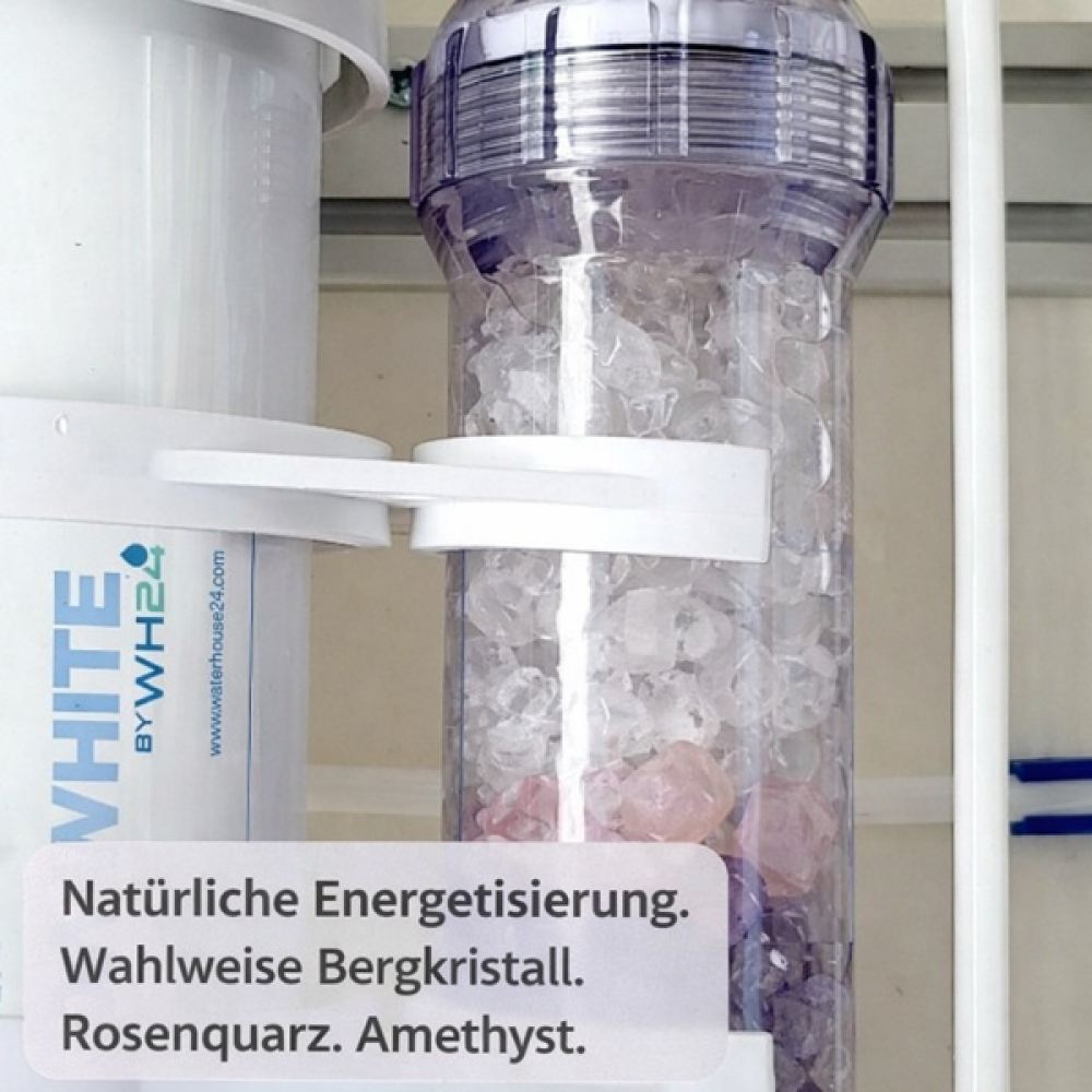 CASCADA White Wasserfiltersystem Innenansicht mit Edelstein-Kartusche – natürliche Energetisierung mit Bergkristall, Rosenquarz oder Amethyst
